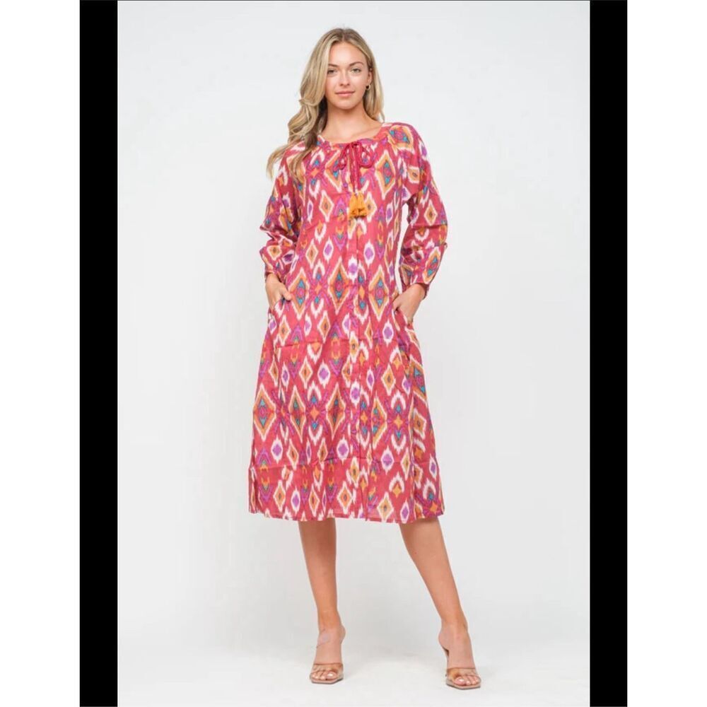 Raj Aurora Boho Inspired Red and Gold Cotton Dress Size Large New